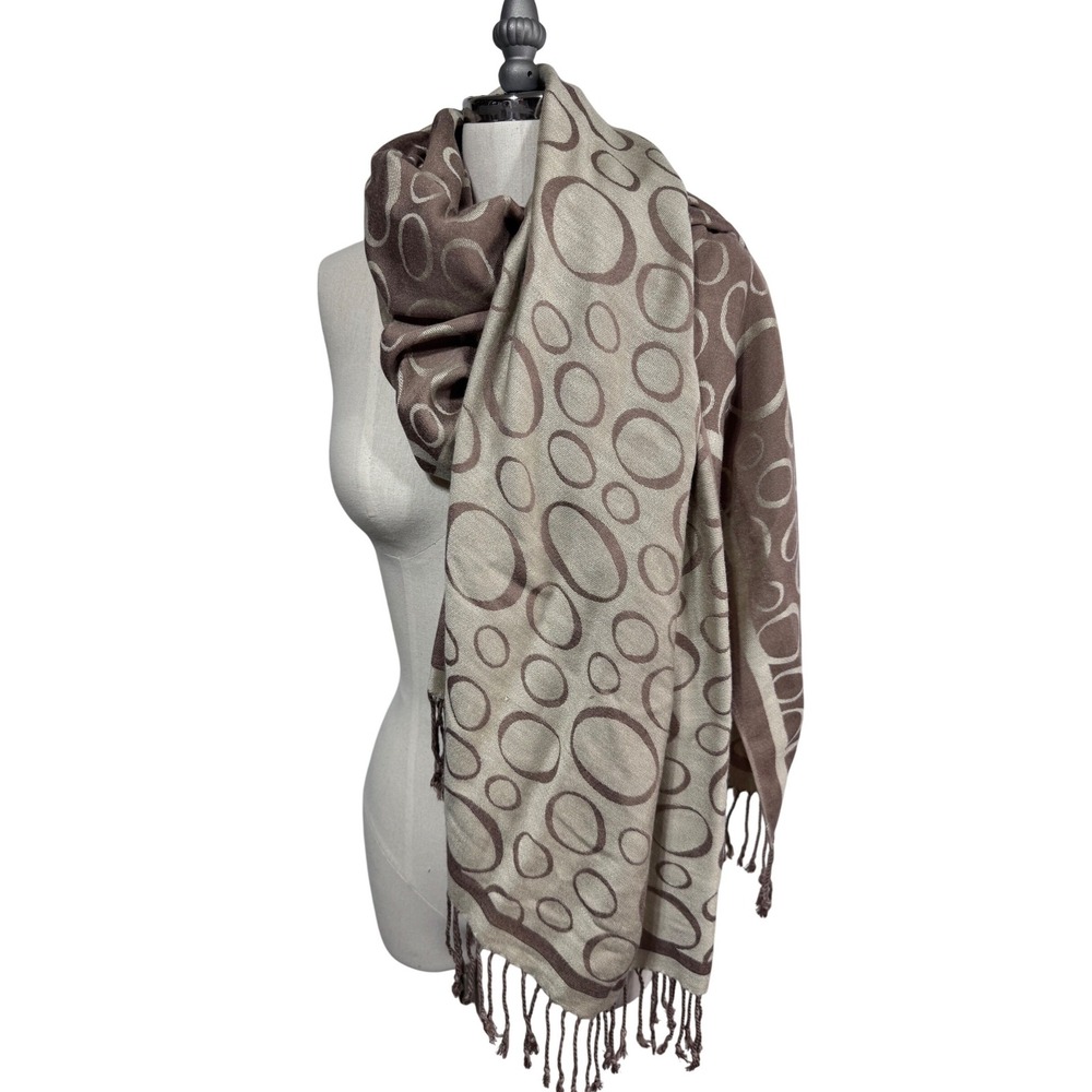 Women's Reversible‎ 100% Cashmere Luxury Brown Scarf Circle Print Fringe Wrap